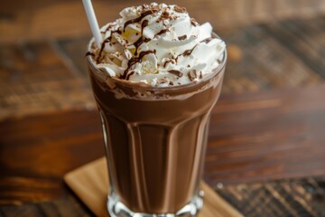 Delicious chocolate milkshake topped with whipped cream, chocolate sprinkles, and a straw, served on a rustic wooden table