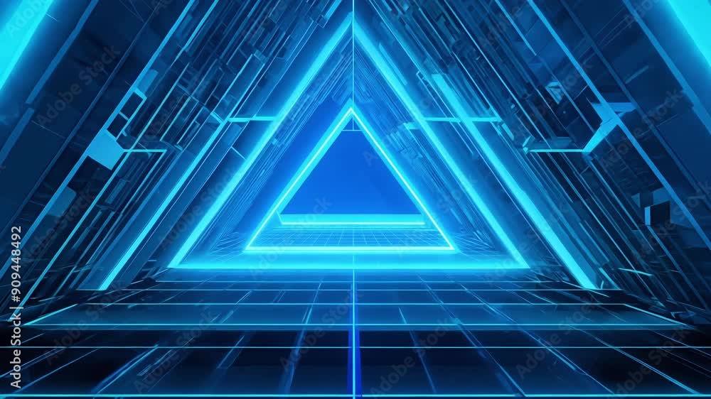 Poster a mesmerizing display of glowing neon triangles pulses within a sleek, futuristic grid, evoking a se