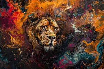 majestic lion portrait emerging from swirling flames of vibrant colors intense gaze pierces through kaleidoscopic inferno against obsidian backdrop power and passion personified