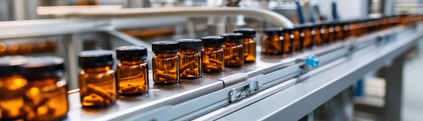 Pharmaceutical manufacturing facility showcasing rows of medicine bottles