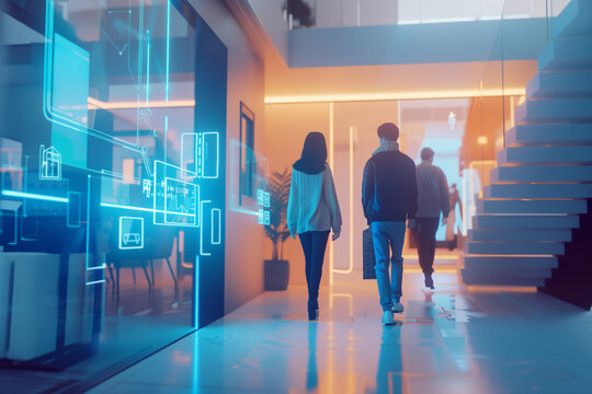 Real estate agent open smart futuristic house with holographic control network event potential buyers walking through modern home. Plan property investment.
