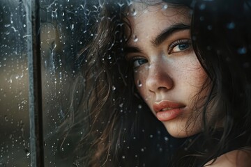 melancholic portrait of a young woman gazing out a rainstreaked window soft natural light accentuating her pensive expression and creating a mood of introspection