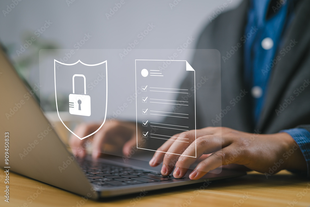 Poster Cyber ​​security concept, privacy to protect data, lock icon and internet network security technology on laptop and virtual interface.