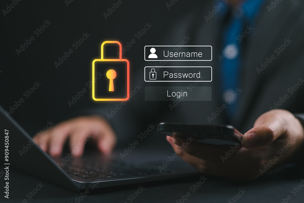 Poster Concept of cybersecurity, cybersecurity and login and password, information security and encryption, secure Internet access, future technology and cybernetics.