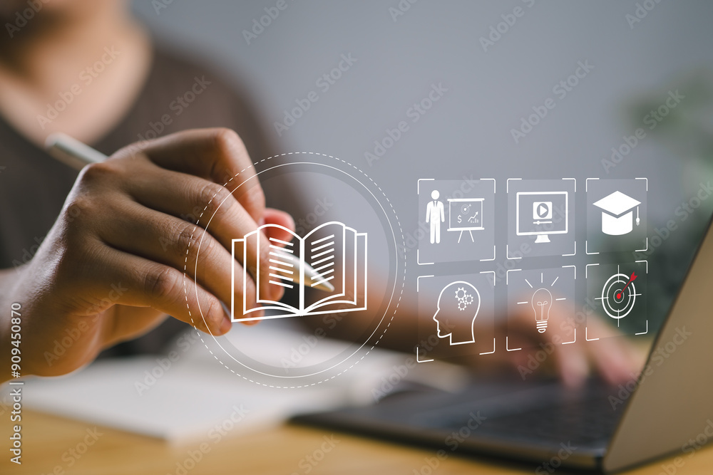Poster e-learning education concept. person use laptop with virtual screen of online e-learning icons for i