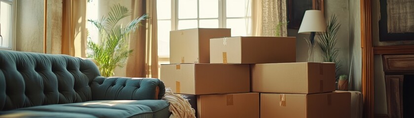  Preparing for relocation Cardboard boxes stacked in a vintage living room