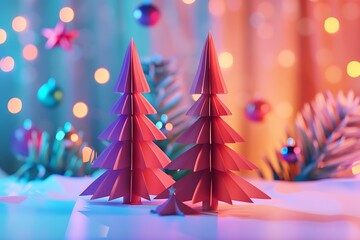 christmas tree handmade paper decoration on colored background