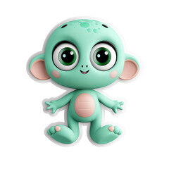 Adorable cute green alien sticker with big eyes and friendly smile isolated on transparent background