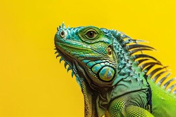 Fototapeta premium Green iguana against a bright yellow background.