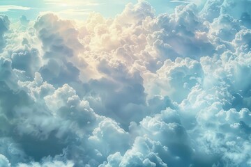 Fototapeta premium mesmerizing sky filled with fluffy cumulus clouds soft billowing formations in various shades of white and gray patches of vivid blue peek through dreamy and tranquil atmospheric scene