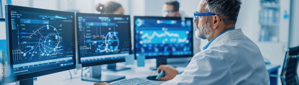 Poster scientist analyzing data on multiple screens in a modern laboratory, showcasing advanced research te