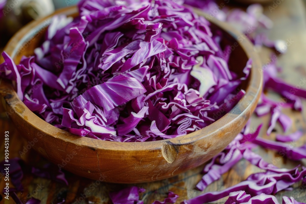 Poster sliced red cabbage filling a wooden bowl, sitting on a rustic table with more cabbage scattered arou