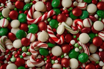 Christmas candy canes and other sweets are forming a festive holiday food background