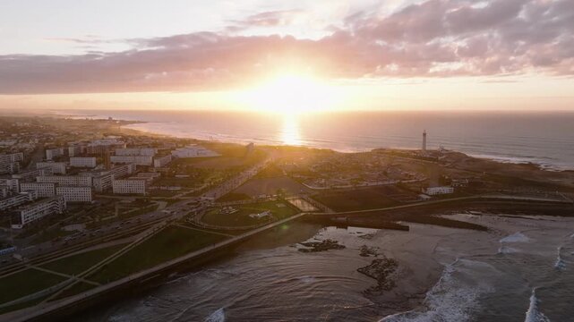 Scenic Aerial Footage of Casablanca Lighthouse in Morocco at Sunset 