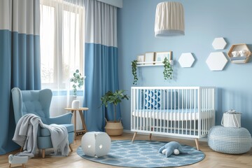 Nursery room with striped blue and white decor, baby crib, rocking chair, hexagon shelves, rug, geometric wall art, minimalistic style, wide-angle shot