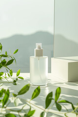Minimalist Glass Skincare Bottle on White Table with Greenery Background
