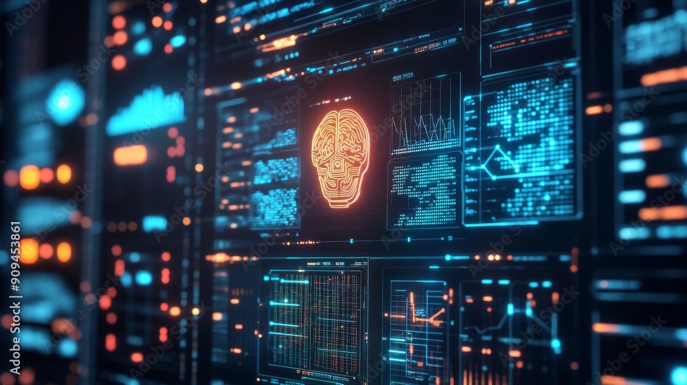 Poster visualization of ai data processing with futuristic charts and graphs