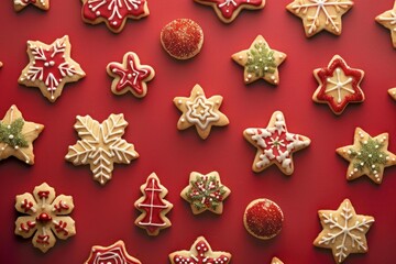 Fototapeta premium Variety of christmas cookies decorated with colorful icing are lying on a red background