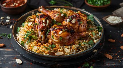 Chicken Kabsa with roasted chicken isolated on dark wooden background. Saudi Arabian traditional...