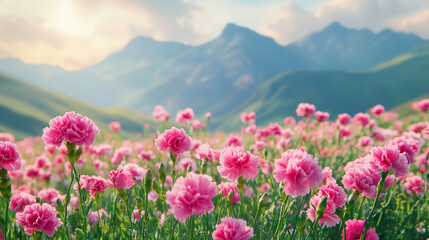 carnation flower field with beautiful mountain for background