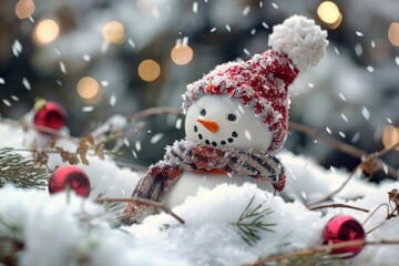 Snowman with a carrot nose wearing a scarf and hat surrounded by christmas decorations while snow is falling