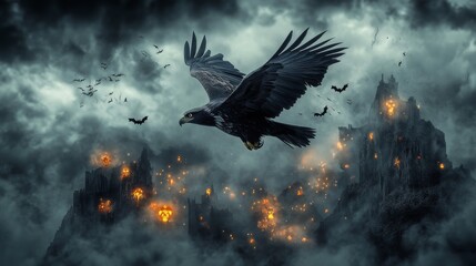 An eagle with a spooky expression flying over a haunted mountain with Halloween fog and glowing lights