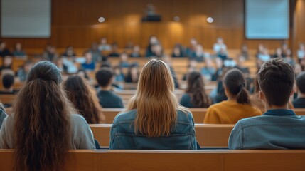 Rear view of large group of students on a class at lecture hall.