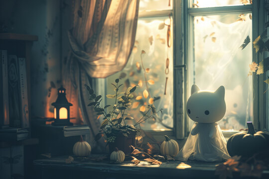 A cute white cat doll is standing on the windowsill, with warm sunlight shining in from outside through the window & plants besides, evoking a cozy feeling, as if you can feel its warmth & tranquility
