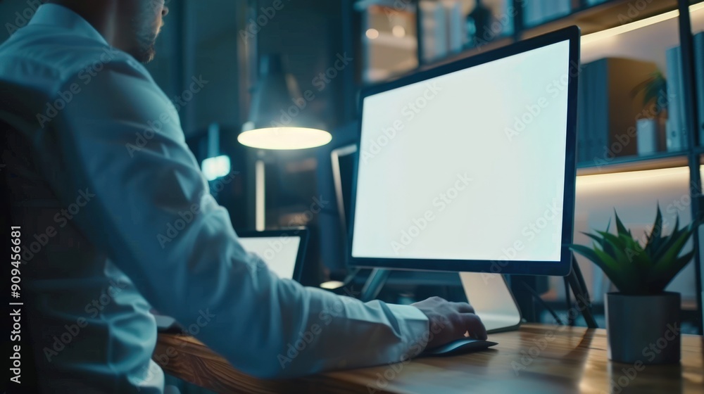 Poster man working on computer at night