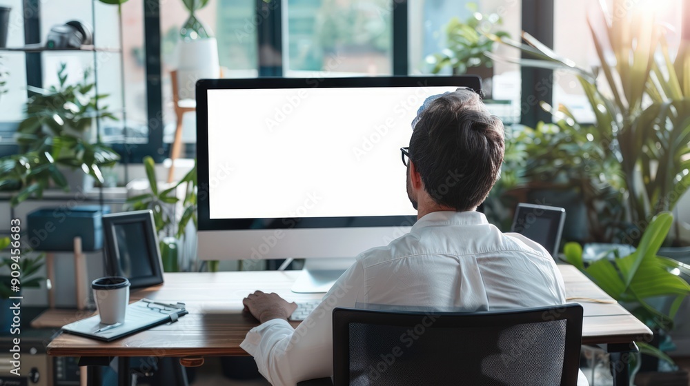 Aufkleber man working on computer in modern office