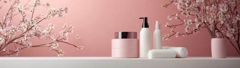 Fototapeta premium Elegant display of spa products, Spa products displayed on white table with fresh flower buds on pink background