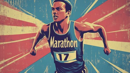 Retro Marathon Runner, Vintage Illustration with Bold Colors and Geometric Shapes