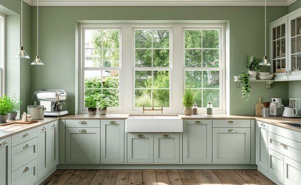 Open kitchen with light grey and white cabinets, pale green walls, and sash windows, featuring modern appliances including a coffee machine, sink, and detailed countertop, illuminated by natural 