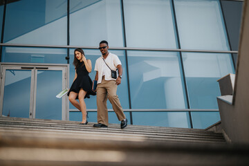 International business professionals discussing work while walking down steps outside a modern office building.