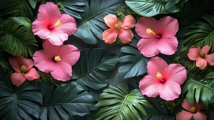 Fototapeta premium A soft pink canvas framed by tropical flowers and green foliage, perfect for personalized messages 
