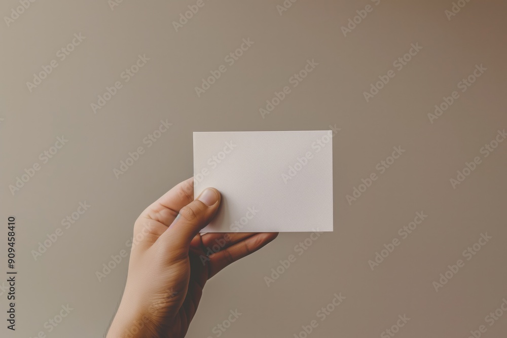 Wall mural Hand holding a blank white card against a plain background.