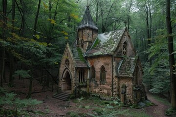 Obraz premium Old stone chapel building with a mossy roof is standing in a green forest