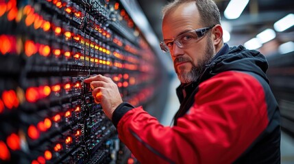 A technician working in a data center, surrounded by cables and servers, diligently checking network systems