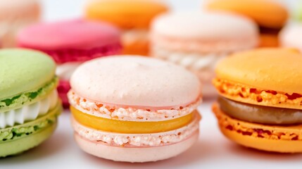 Fototapeta premium Macarons with a gradient of neon colors, isolated on white, trendy and appetizing