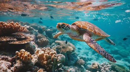 Obraz premium Reef scene with sea turtle in natural setting.