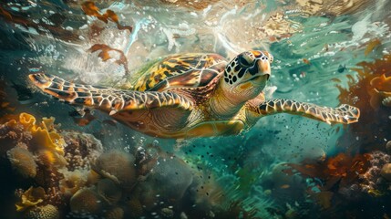 Underwater scene: sea turtle glides near coral.