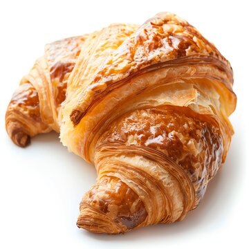 Classic French croissant with a golden hue, isolated on white, appetizing