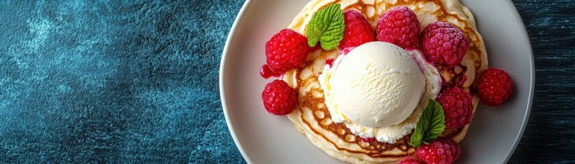 Cottage cheese pancakes with raspberries ice cream and copy space