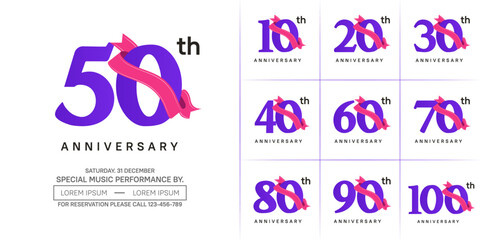 anniversary logotype set vector, purple color and pink ribbon for special day celebration