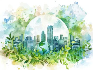 A vibrant watercolor illustration of a city inside a globe, surrounded by greenery, symbolizing sustainability and eco-friendliness.