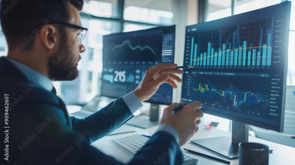 Poster business professional analyzing data on multiple monitors, focusing on financial graphs and statisti