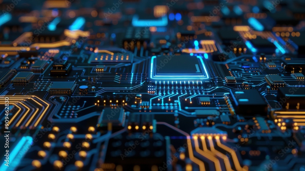 Poster close-up view of a modern circuit board with illuminated components, showcasing intricate design and