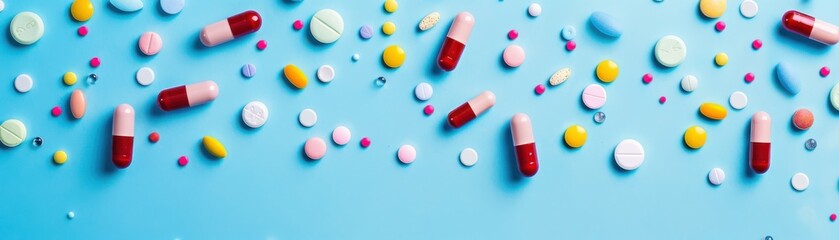 Colorful assortment of pills scattered on a blue background, showcasing various shapes and sizes, ideal for healthcare visuals.