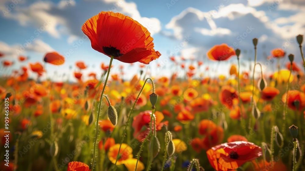 Poster a vibrant poppy field under a sunny sky, with a single red poppy in sharp focus and the surrounding 