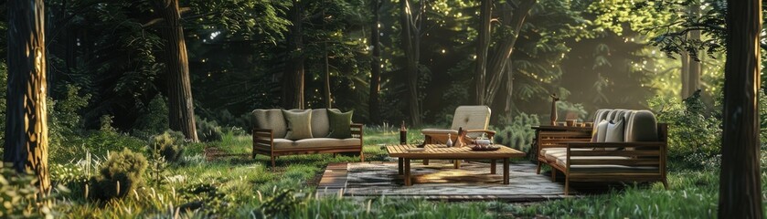 Fototapeta premium Cozy outdoor seating area in a serene forest, perfect for relaxation and gatherings amidst nature.